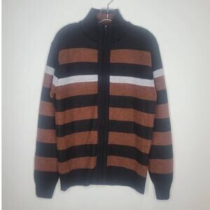 Six Lincoln sherpa lined black brown striped full zip mock neck sweater - small